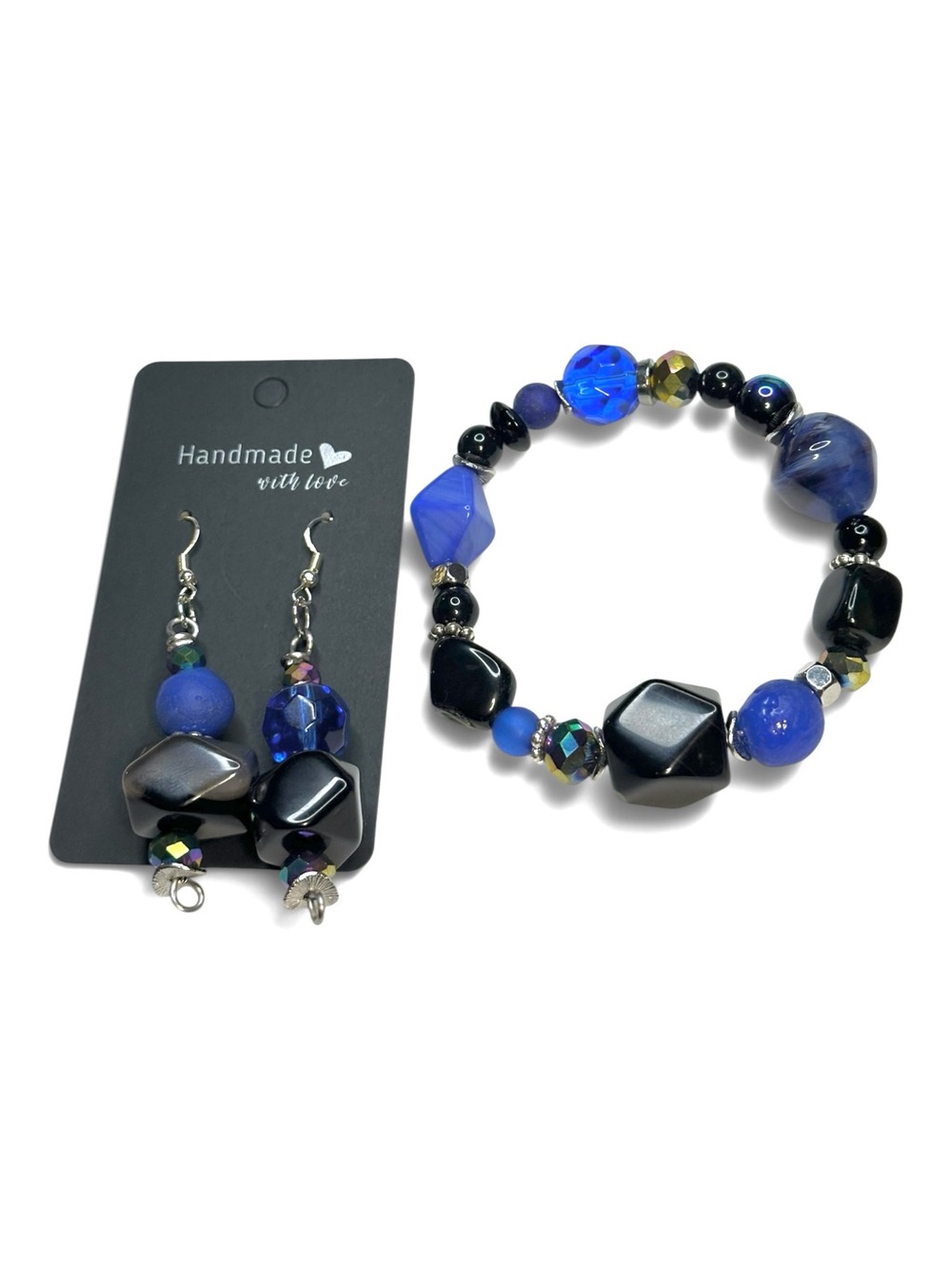 Handmade Blue & Black Statement Bracelet + Asymmetrical Earrings Set